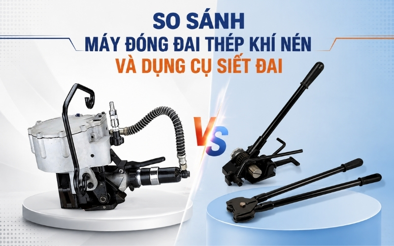 So sánh máy đóng đai thép khí nén và dụng cụ siết đai  